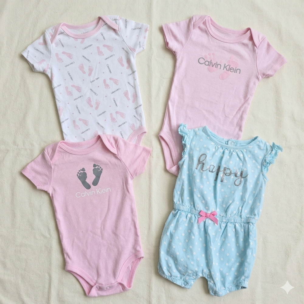 ​Calvin Klein & Carter's Baby Girl Bundle 3-6M | 4pc Pink Blue Romper Onesies